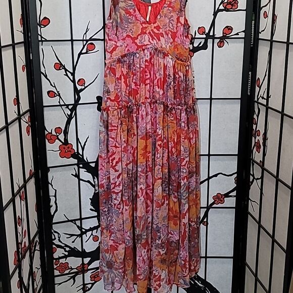 Free People Julianna Maxi Dress Ruffled Tiers V Neck Floral Print Cherry Small - Picture 5 of 13